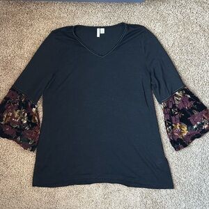 W EST 1946 Witchy Black 3/4 Sleeve Floral Velvet Belle Sleeve Top Size M |A76